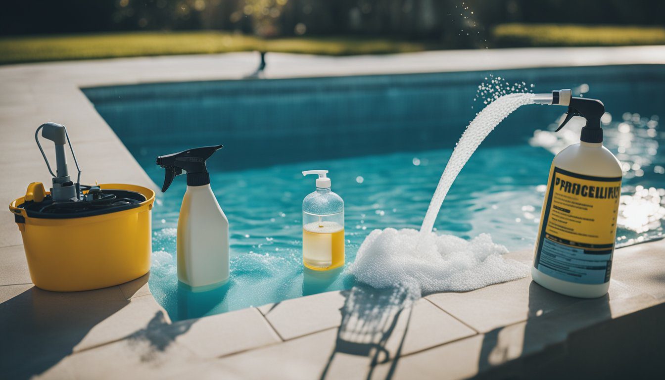 A person pours winterizing chemicals into a pool, surrounded by pool closing equipment and a checklist of important tasks