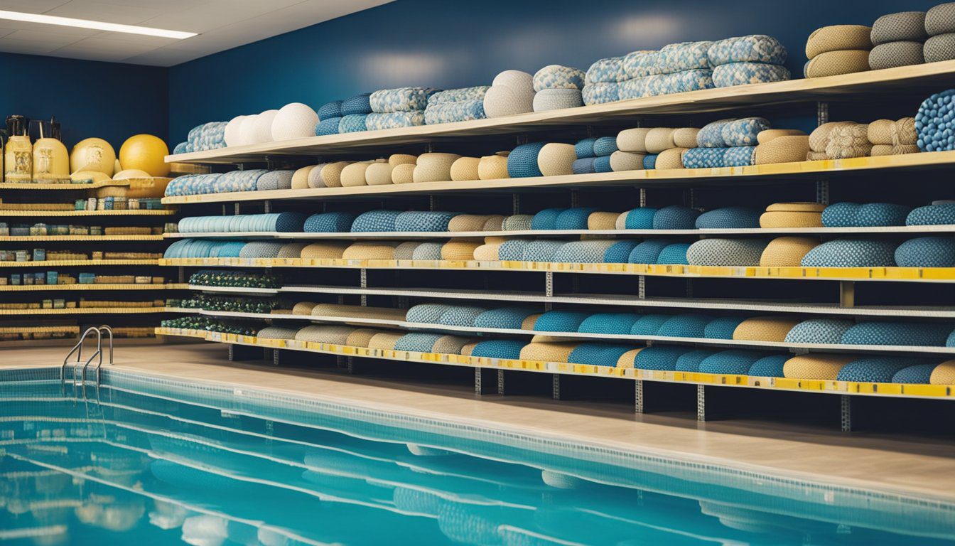 A store shelf displays pool accessories. A checklist of 7 tasks for closing a pool is nearby