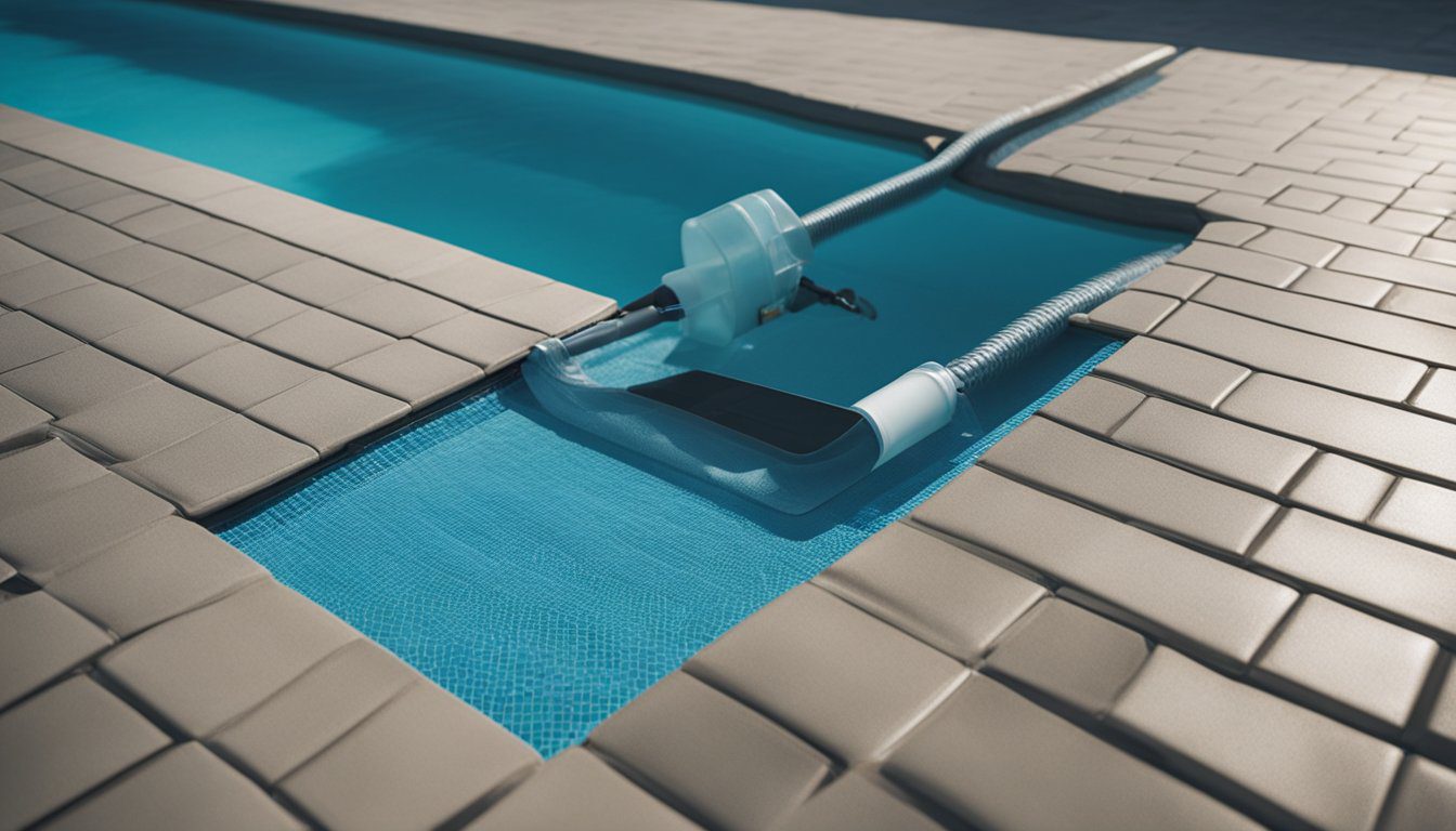 A pool cover being carefully placed over the water, a skimmer removing debris, a vacuum cleaning the pool floor, chemical levels being tested, filters being cleaned, and equipment being stored away