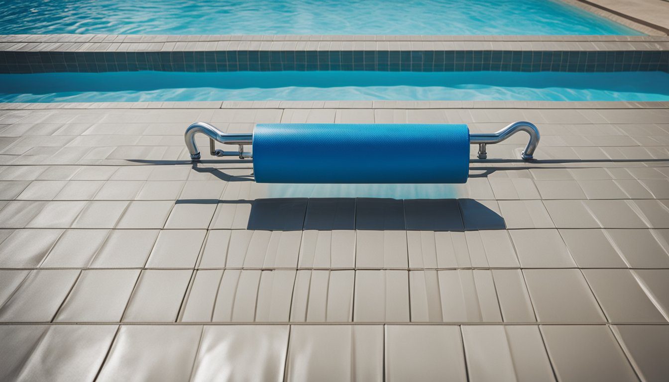 The pool cover is being pulled tightly over the sparkling blue water, as the cleaning equipment is neatly stored away. The pool ladder is being removed, and the surrounding area is being tidied up