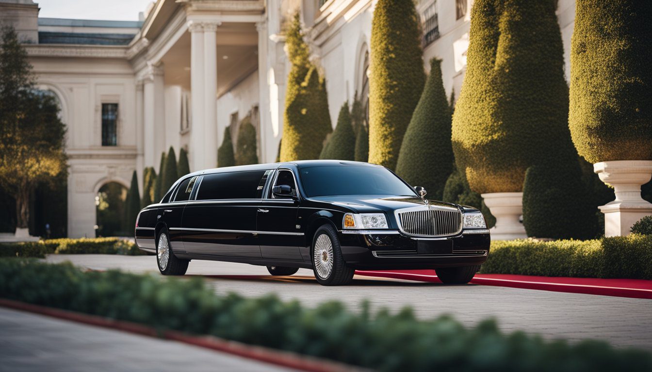 A luxurious limousine parked outside a grand wedding venue, surrounded by elegant decorations and a red carpet leading to the entrance