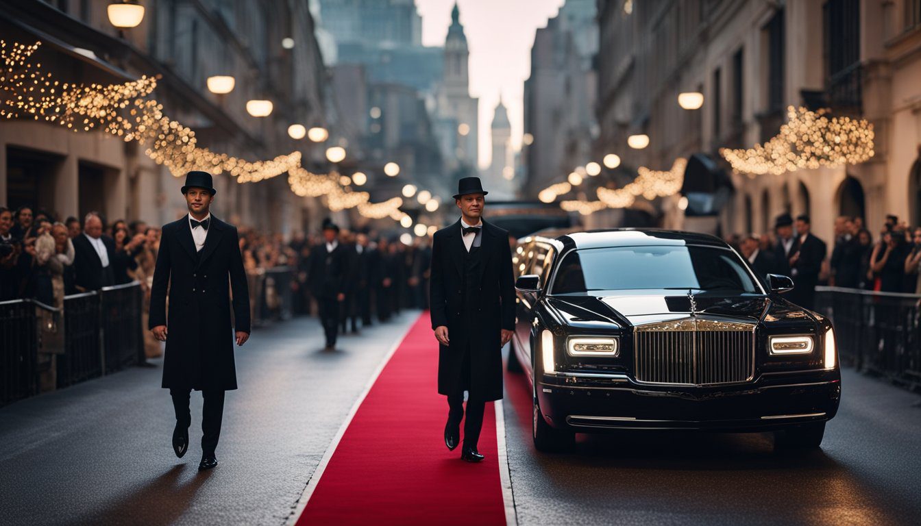 A sleek, black limousine pulls up to a grand entrance adorned with twinkling lights and a red carpet, as a group of elegantly dressed individuals eagerly step out