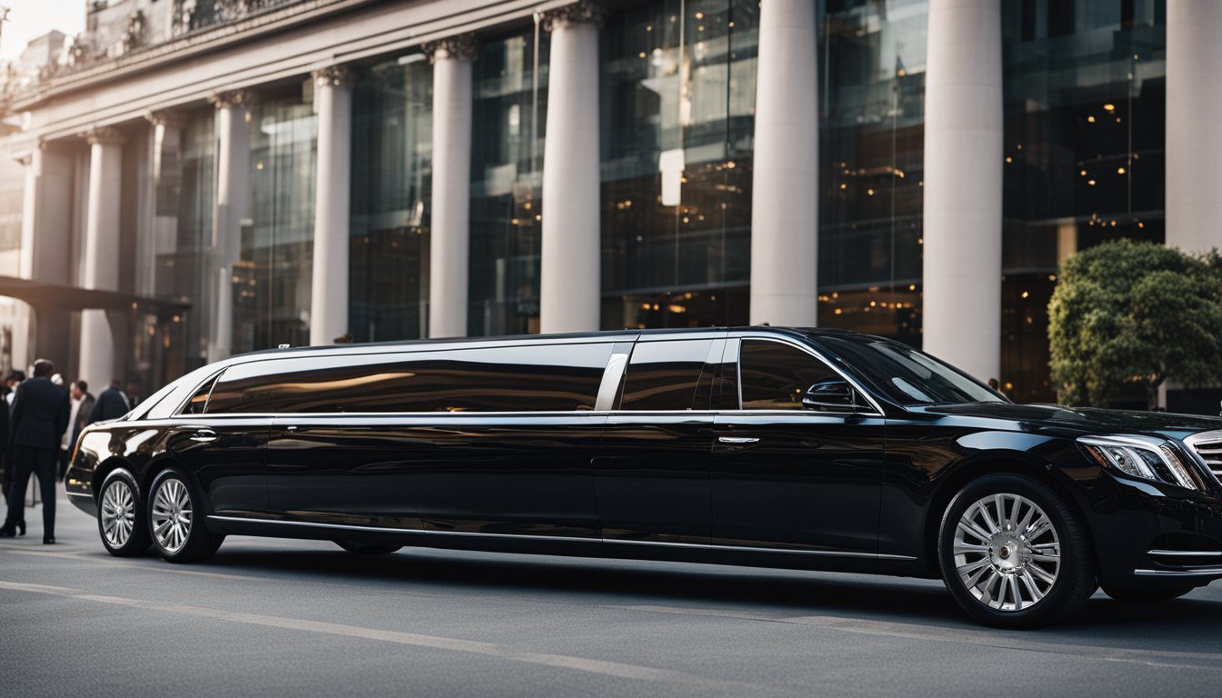 A sleek limousine parked outside a grand corporate event venue, with a red carpet leading up to the entrance. Bright lights and bustling activity convey an air of sophistication and luxury