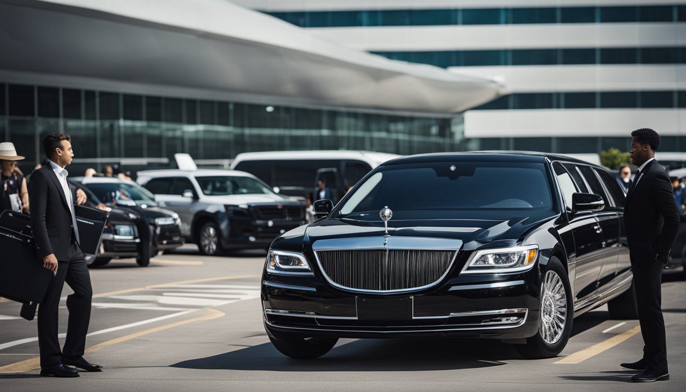 A sleek black limousine waiting outside an airport terminal, surrounded by bustling travelers and luggage carts