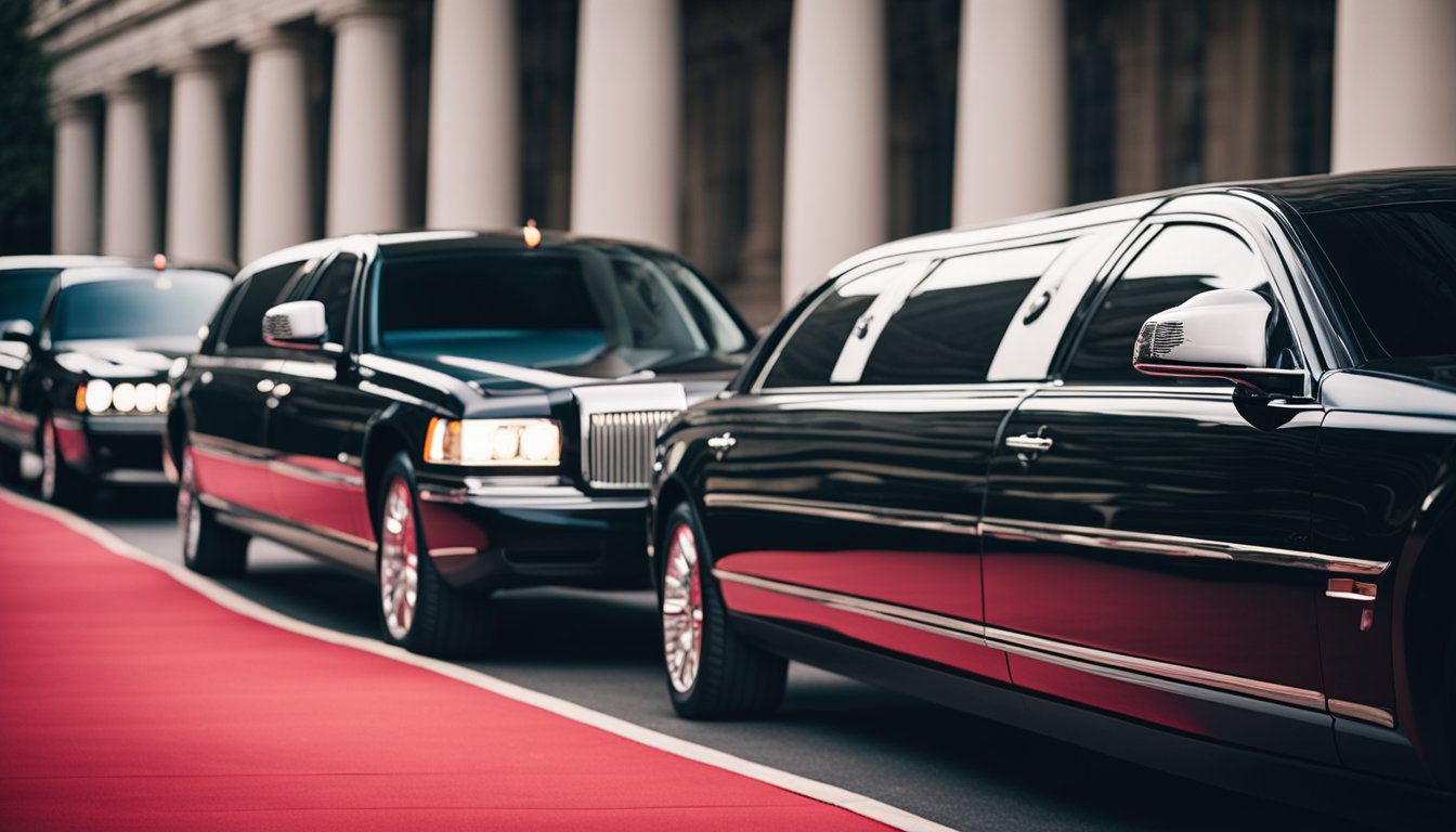 A line of sleek limousines parked outside a grand venue, with a red carpet leading to the entrance, surrounded by flashing cameras and eager onlookers