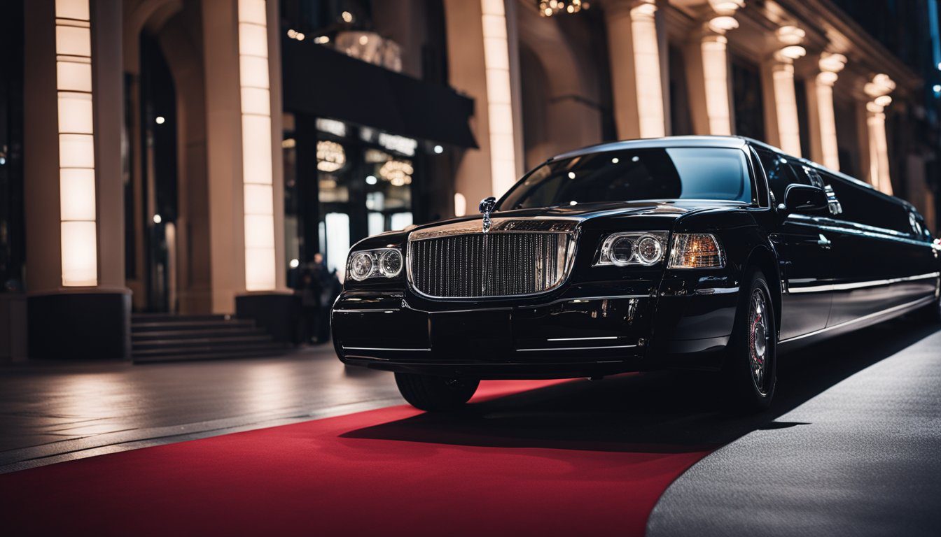 A sleek, black limousine parked outside a grand event venue, with a red carpet leading up to the entrance. Bright lights and a sense of excitement in the air