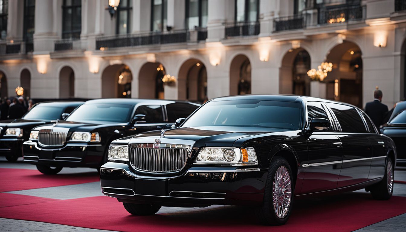 A line of sleek, black limousines parked outside a grand event venue, with a red carpet leading up to the entrance